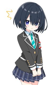 Rule 34 | 1girl, ^^^, armband, blazer, blue hair, blue skirt, blush, buttons, collared shirt, commentary request, cowboy shot, dot nose, green necktie, highres, jacket, kotatsu-mazoku, looking at viewer, miniskirt, necktie, open mouth, original, plaid clothes, plaid skirt, pleated skirt, purple eyes, school uniform, shirt, short hair, simple background, skirt, solo, striped necktie, white background, white shirt