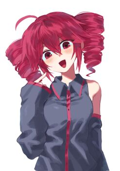 1girl ahoge black_sleeves blush breasts collared_shirt detached_sleeves double-parted_bangs drill_hair fingernails hair_between_eyes highres kasane_teto kasane_teto_(utau) long_sleeves looking_at_viewer medium_breasts nail_polish open_mouth pointing pointing_at_self red_eyes red_hair red_nails red_trim samsap shirt simple_background sleeveless sleeveless_shirt sleeves_past_wrists solo tongue twin_drills upper_body utau white_background wing_collar