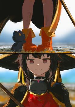 1girl absurdres black_choker black_cloak black_hair black_hat boots cat cat_on_chest choker chomusuke cloak closed_mouth commentary_request dress hat highres kono_subarashii_sekai_ni_shukufuku_wo! koukouya long_hair looking_at_animal lower_body megumin red_boots red_dress red_eyes smile witch_hat