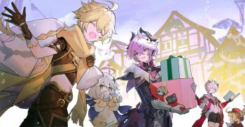 2girls 3boys :d ^_^ ahoge black_gloves black_horns black_pants black_shirt black_shorts blonde_hair book closed_eyes commentary_request cowboy_shot crop_top cropped_shirt crossed_bangs cup dahlia_(genshin_impact) day double-parted_bangs durin_(genshin_impact) genshin_impact gloves hair_between_eyes hat hayama_eishi holding holding_book holding_cup holding_sack horns house klee_(genshin_impact) midriff multiple_boys multiple_girls navel open_book open_mouth outdoors paimon_(genshin_impact) pants purple_hair red_eyes red_hat sack shirt short_hair short_sleeves shorts smile white_gloves white_hair white_hat white_shirt