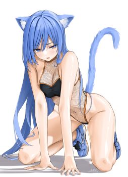 1girl all_fours animal_ears bae_minah_(chaesu) bare_arms bare_shoulders blue_hair cat_ears cat_girl cat_tail chaesu fishnet_leotard fishnets highres kneeling leotard no_pants original solo tail