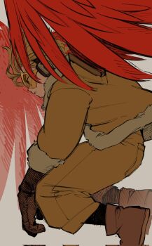 1boy backupnha black_gloves blonde_hair boku_no_hero_academia brown_shoes from_side full_body fur-trimmed_jacket fur-trimmed_sleeves fur_trim gloves grey_background hawks_(boku_no_hero_academia) headphones highres jacket long_sleeves male_focus pants parted_lips profile red_wings shoes short_hair simple_background solo tinted_eyewear wings yellow-tinted_eyewear yellow_jacket yellow_pants