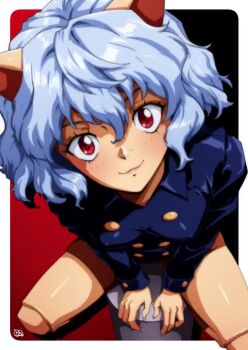 Rule 34 | 1990s (style), 1girl, animal ears, animated, artist name, blue hair, blue jacket, border, brown shorts, brown socks, buttons, cat ears, cat girl, closed mouth, covered erect nipples, double-breasted, drop shadow, female focus, from above, genderswap, genderswap (otf), gravydood, hair between eyes, happy, hunter x hunter, jacket, joints, leaning forward, long sleeves, looking at viewer, making-of, neferpitou, outside border, pole, red background, red eyes, retro artstyle, shiny skin, short hair, short shorts, shorts, sidelocks, signature, simple background, sitting, smile, socks, solo, spread legs, tagme, thighs, two-tone background, video, white border