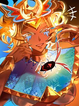 Rule 34 | 1girl, animalization, breasts, bug, burning spice cookie, cockroach, cookie run, cookie run: kingdom, dark-skinned female, dark skin, gem, golden cheese cookie, golden cheese cookie (immortal), highres, insect, large breasts, pcacao, person and animalization, solo, usekh collar, yellow eyes