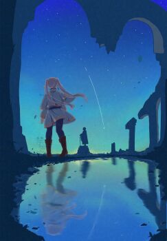 1girl belt black_belt black_pantyhose boots brown_boots capelet earrings elf facing_away frieren from_behind gold_trim grey_hair highres himmel_(sousou_no_frieren) jacket jewelry long_hair looking_at_another night night_sky pantyhose pointy_ears ruins skirt sky solo somei2929 sousou_no_frieren star_(sky) starry_sky statue twintails twitter_username white_capelet white_jacket white_skirt