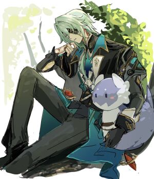 1boy anaxa_(honkai:_star_rail) aqua_hair ascot black_corset black_gloves black_jacket black_pants chain corset earrings eyepatch gem gloves hair_between_eyes hair_intakes hand_up highres honkai:_star_rail honkai_(series) jacket jewelry lapels male_focus mandarin_collar medium_hair multiple_rings notched_lapels one_eye_covered pants parted_lips red_gemstone ring shirt side_ponytail single_earring sitting solo umm234414016473 white_ascot white_shirt