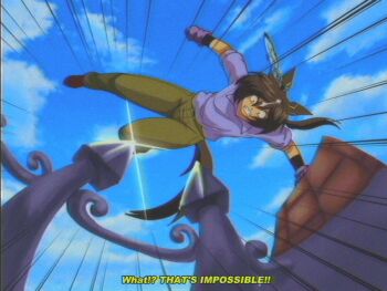 1990s_(style) 1girl animal_ears black_hair brown_hair english_text everyone_get_in_the_car_(meme) fence hair_between_eyes highres horse_ears horse_girl iron_fence jojo_no_kimyou_na_bouken jumping long_hair lueduar meme open_mouth parody retro_artstyle scene_reference solo stay_gold_(umamusume) umamusume white_hair