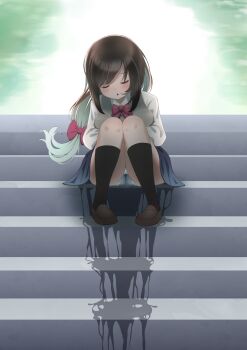 1girl absurdres black_socks blue_skirt blush bow bowtie breasts brown_hair brown_shoes closed_eyes green_hair grey_vest hair_bow highres kneehighs long_hair low_ponytail medium_breasts multicolored_hair open_mouth original osippotail panties peeing peeing_self ponytail puddle red_bow red_bowtie shirt shoes sitting skirt sleeping socks stairs two-tone_hair underwear vest wet wet_clothes wet_panties white_panties white_shirt