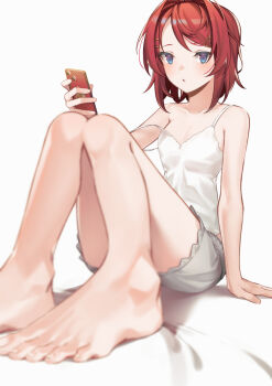 1girl ange_katrina ange_katrina_(6th_costume) arm_support bare_legs bare_shoulders barefoot blue_eyes blurry breasts camisole cellphone collarbone commentary_request depth_of_field foreshortening full_body grey_shorts hair_ornament hairclip hairpin hand_up highres holding holding_phone knees_up large_variant_set looking_at_viewer medium_hair multicolored_eyes multiple_hairpins nijisanji parted_lips phone purple_eyes red_hair shorts simple_background sitting sleepwear small_breasts smartphone solo strap_slip th@nk two-tone_eyes variant_set virtual_youtuber white_background white_camisole
