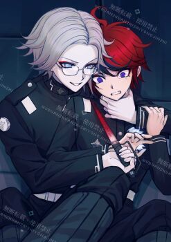 Rule 34 | 2boys, ahoge, aotsuki eito, armband, belt, black background, black boots, black hair, black jacket, black pants, blue eyes, boots, buttons, chinese commentary, clenched teeth, commentary request, commission, crying, crying with eyes open, cyacyacyacyaki, dagger, eyelashes, eyeliner, gakuran, glasses, grey eyes, grey hair, grin, hair between eyes, hand on another's arm, hand on another's neck, high collar, highres, holding, holding dagger, holding knife, holding weapon, jacket, knee boots, knife, last defense academy school uniform, long sleeves, makeup, male focus, multicolored hair, multiple boys, pants, red eyeliner, red hair, school uniform, short hair, sitting, smile, streaked hair, sumino takumi, tears, teeth, the hundred line -last defense academy-, too many watermarks, tsurime, two-tone hair, watermark, weapon, white armband, white belt