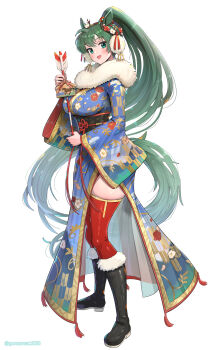 1girl :d alternate_costume animal_ears blue_kimono blush breasts commentary_request fire_emblem fire_emblem:_the_blazing_blade fire_emblem_shadows gonzarez green_eyes green_hair happy_new_year highres horse_ears japanese_clothes kimono large_breasts long_hair looking_at_viewer lyn_(fire_emblem) lyn_(plains_wind)_(fire_emblem) new_year nintendo open_mouth outdoors ponytail smile solo very_long_hair