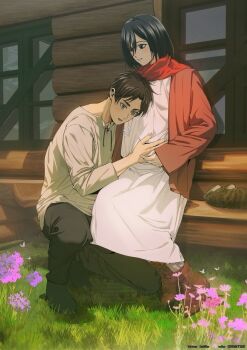 1boy 1girl absurdres black_hair black_pants blue_eyes blush boots brown_boots brown_cardigan brown_hair cabin cardigan commentary couple dress english_commentary eren_yeager flower full_body grass grey_eyes grey_shirt hair_between_eyes hand_on_another's_stomach head_on_another's_stomach hetero highres long_sleeves mikasa_ackerman niku_(ni23ku) on_one_knee open_cardigan open_clothes outdoors pants parted_lips pink_flower pregnant red_scarf scarf shingeki_no_kyojin shirt short_hair sitting sleeves_past_wrists white_dress