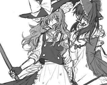 2girls apron back_bow bow braid broom commentary_request detached_sleeves facing_away fingerless_gloves frilled_bow frilled_hair_tubes frills from_behind gloves greyscale hair_bow hair_over_one_eye hair_tubes hakurei_reimu hat hat_bow hitte5416 holding holding_broom kirisame_marisa long_hair long_sleeves looking_at_viewer monochrome multiple_girls side_braid single_braid sketch skirt sleeves_rolled_up touhou vest waist_apron witch_hat