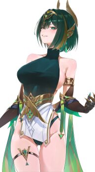 1girl absurdres adapted_costume black_gloves breasts claws clenched_teeth commentary elbow_gloves genshin_impact gloves gluteal_fold green_eyes green_hair green_panties grin headpiece highres large_breasts looking_at_viewer mole mole_under_eye nefer_(genshin_impact) panties short_hair sideboob simple_background skindentation smile solo symbol-shaped_pupils teeth thigh_gap thigh_strap thighs triangle-shaped_pupils underwear white_background yonesdraws
