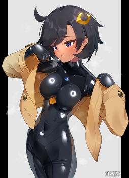 Rule 34 | 1girl, absurdres, ahoge, black bodysuit, black hair, blush, bodysuit, bodysuit under clothes, breasts, brown jacket, covered navel, dark-skinned female, dark skin, emma (pokemon), hair ornament, highres, impossible bodysuit, impossible clothes, jacket, latex, latex bodysuit, maguro27, medium breasts, nintendo, open clothes, open jacket, open mouth, pokemon, pokemon legends: z-a, purple eyes, shiny clothes, short hair, skin tight, solo, standing, sweat