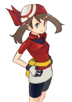 1girl bad_tag bandana bike_shorts bike_shorts_under_shorts black_shoes blue_eyes breasts brown_hair commentary commentary_request contrapposto fanny_pack gloves hand_on_own_hip head_tilt highres looking_at_viewer looking_back looking_to_the_side may_(pokemon) medium_hair nintendo pokemon pokemon_rse red_bandana red_shirt shirt shoes shorts shorts_under_shorts simple_background smile solo standing tikuwabu_33 white_background white_gloves