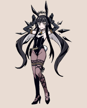 1girl animal_ears arknights ascot black_ascot black_eyes black_gloves black_hair black_halo black_leotard black_pantyhose black_shoes blunt_bangs chinese_commentary colored_inner_hair commentary_request detached_collar detached_wings elbow_gloves energy_wings fake_animal_ears full_body gloves halo hands_up high_heels highleg highleg_leotard highres hydrogina leotard long_hair long_sidelocks looking_at_viewer multicolored_hair pantyhose parody playboy_bunny rabbit_ears rabbit_pose rabbit_tail ringed_eyes shoes sidelocks solo style_parody tail twintails vanripper_(style) virtuosa_(arknights) white_hair wings yellow_background