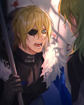 1boy 1girl armor black_armor black_gloves blonde_hair blood blood_on_face blood_on_wall blue_cape blue_eyes blurry blurry_foreground cape commentary_request dimitri_alexandre_blaiddyd dimitri_alexandre_blaiddyd_(timeskip) eyepatch fangs female_byleth_(awakened)_(fire_emblem) female_byleth_(fire_emblem) fire_emblem fire_emblem:_three_houses fur-trimmed_cape fur_trim gloves green_hair hair_between_eyes highres kyounatsuuu looking_at_another male_focus medium_hair nintendo open_mouth short_hair shouting solo_focus upper_body v-shaped_eyebrows wide-eyed