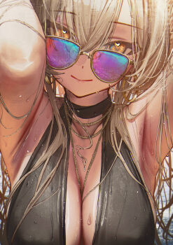 Rule 34 | 1girl, armpits, arms up, betanonbeet, black one-piece swimsuit, blonde hair, blue archive, breasts, casual one-piece swimsuit, commentary, duplicate, hair between eyes, heart, heart in eye, highres, large breasts, long hair, looking at viewer, looking over eyewear, multicolor-tinted eyewear, nagisa (blue archive), nagisa (swimsuit) (blue archive), necklace between breasts, official alternate costume, one-piece swimsuit, presenting armpit, sideboob, smile, solo, swimsuit, symbol in eye, tinted eyewear, very long hair, wet, wet hair