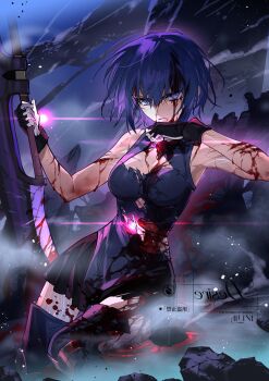 1girl absurdres bare_shoulders bleeding blood blood_on_clothes blood_on_face blue_eyes blue_hair breasts ciel_(tsukihime) cleavage_cutout clothing_cutout commission cuts dress gloves highres holding holding_weapon injury looking_at_viewer powered_ciel second-party_source seventh_holy_scripture short_hair sleeveless sleeveless_dress solo torn_clothes tsukihime tsukihime_(remake) watermark weapon youling_keke