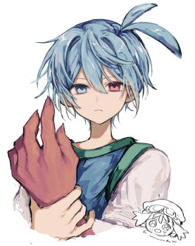 Rule 34 | 1boy, 1girl, amitie (puyopuyo), blue eyes, blue hair, chibi, chibi inset, closed mouth, commentary request, double-parted bangs, expressionless, griffon0416, hair between eyes, heterochromia, highres, looking at viewer, puyopuyo, red eyes, short hair, short sleeves, sig (puyopuyo), simple background, upper body, white background