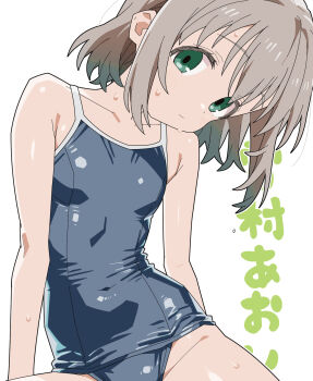 1girl armpit_crease breasts covered_navel expressionless green_eyes grey_hair head_tilt highres looking_at_viewer matuo3232 one-piece_swimsuit school_swimsuit short_hair sitting small_breasts solo swimsuit wet yama_no_susume yukimura_aoi