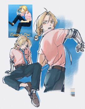 1boy ahoge belt black_pantyhose blonde_hair blue_necktie braid brown_belt brown_shoes collarbone color_guide cowboy_shot edward_elric full_body fullmetal_alchemist highres loafers long_hair lostime7035 male_focus mechanical_arms multiple_views necktie official_art_inset open_mouth pantyhose parted_bangs pink_shirt shirt shoes short_sleeves single_braid single_mechanical_arm sitting solo twitter_username yellow_eyes