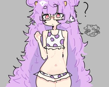 1girl animal_ears animal_print bare_shoulders bikini chickenrex cow_ears cow_print cow_print_bikini cowboy_shot double_bun flat_chest glasses hair_bun horns long_hair looking_at_viewer mini_moo mole muu_muyu navel phase_connect pink_eyes print_bikini purple_hair solo swimsuit thighs very_long_hair virtual_youtuber