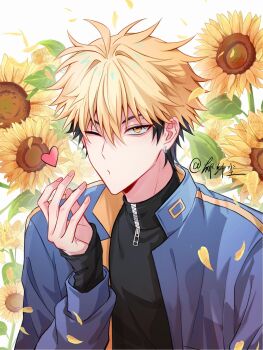 1boy ahoge artist_name black_hair black_shirt blonde_hair blowing_kiss blue_jacket ear_piercing earrings falling_petals flower hair_between_eyes hand_up heart highres jacket jewelry leaf long_sleeves looking_at_viewer male_focus multicolored_hair one_eye_closed open_clothes open_jacket petals piercing shiguang_dailiren shirt short_hair sleeves_past_wrists solo sunflower turtleneck twitter_username two-tone_hair upper_body white_background xia_fei yellow_eyes yellow_flower yuxianchen zipper zipper_pull_tab