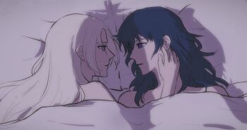 2girls bigfiiish321 blanket blue_eyes blue_hair edelgard_von_hresvelg female_byleth_(fire_emblem) fire_emblem fire_emblem:_three_houses hashtag-only_commentary highres multiple_girls nintendo pillow purple_eyes staring under_covers white_hair yuri