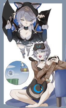 1girl absurdres animal_ears animal_hood barefoot black_gloves black_hood black_leotard blue_border blue_eyes boots border braid braided_bun breasts brown_sweater cat_ears cat_girl cat_hood cat_tail cipher_(honkai:_star_rail) cipher_(sweet_slumber)_(honkai:_star_rail) cleavage controller crossed_ankles feet fingerless_gloves game_controller gloves gold_boots grey_hair hair_bun hashtag-only_commentary highres holding holding_controller holding_game_controller honkai:_star_rail honkai_(series) hood large_breasts leotard mario_(series) mask mask_on_head mole mole_on_chest multiple_views naruse_azusa nintendo official_alternate_costume parody playing_games short_hair_with_long_locks sitting sleep_mask sweater tail