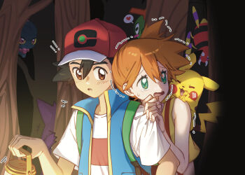 ! !! 1boy 1girl ariados artist_request ash_ketchum asymmetrical_hair backpack bag bare_arms baseball_cap black_hair blue_jacket blush brown_eyes caterpie clothes_grab eyelashes forest gen_1_pokemon gen_2_pokemon gengar green_eyes hair_between_eyes hat heart hiding highres holding holding_lantern jacket lantern misdreavus misty_(pokemon) nature nintendo open_mouth orange_hair outdoors pikachu pokemon pokemon_(anime) pokemon_journeys ponytail scared shirt short_hair short_sleeves shorts side_ponytail sleeve_grab sleeveless sleeveless_jacket sleeveless_shirt source_request speech_bubble spoken_heart suspenders sweat t-shirt tongue tree trembling vest white_shirt yellow_shirt