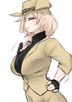 Rule 34 | 1girl, absurdres, black gloves, black shirt, blonde hair, breasts, closed eyes, closed mouth, fingerless gloves, gloves, hair over shoulder, hand on own hip, hand up, hat, highres, jacket, k0ng, large breasts, long sleeves, medium hair, merc-san (k0ng), motion lines, original, pants, shirt, simple background, smile, solo, turtleneck, turtleneck shirt, vest, white vest, yellow hat, yellow jacket, yellow pants