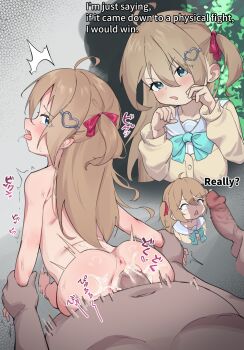 1boy 1girl 610cc ahoge anus ass blue_eyes blush brown_hair censored completely_nude cum cum_in_pussy english_text erection grabbing_another's_arm hair_ornament hairclip heart heart_hair_ornament highres indie_virtual_youtuber loli long_hair moaning mosaic_censoring neuro-sama nude penis penis_awe ponytail sex side_ponytail surprised testicles vaginal virtual_youtuber