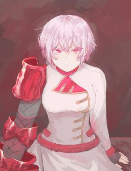 1girl absurdres breasts closed_mouth commentary comoront english_commentary fingerless_gloves gloves hair_between_eyes highres jacket jeanne_(vanitas_no_carte) light_blush looking_at_viewer medium_breasts pink_hair red_background red_eyes short_hair single_arm_armor sitting solo vanitas_no_carte white_jacket