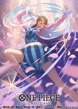arms_up ballet_slippers blue_shirt bon_clay coat collared_shirt commentary_request copyright_name falling_petals goggles goggles_on_head long_coat nami_(one_piece) official_art one_piece one_piece_card_game open_mouth orange_hair otton petals pink_coat pink_petals shirt short_hair wind
