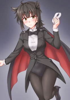 1girl adapted_costume alternate_costume anti_(untea9) black_cape black_jacket black_leotard black_necktie black_pantyhose black_shoes blush breasts brown_hair cape hair_flaps hatsuzuki_(kancolle) high_heels highres jacket kantai_collection leotard looking_at_viewer mask medium_breasts necktie pantyhose shirt shoes short_hair solo standing standing_on_one_leg tuxedo white_shirt