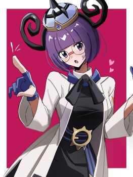 1girl absurdres belt black_dress blue_gloves blunt_bangs blush bob_cut breasts coat commentary_request cosplay dress glasses gloves gwynn_(pokemon) gwynn_(pokemon)_(cosplay) hat heart highres kairi0w0 long_sleeves looking_at_viewer medium_breasts mega_stone nintendo o-ring o-ring_belt open_clothes open_coat open_mouth pokemon pokemon_bw pokemon_legends:_z-a purple_eyes purple_hair round_eyewear shauntal_(pokemon) short_hair solo sweatdrop white_coat