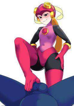 1boy 1girl bodysuit feet footjob helmet highres mega_man_(series) mega_man_battle_network megaman.exe penis pov roll.exe_(mega_man) skin_tight thighhighs thighs wide_hips