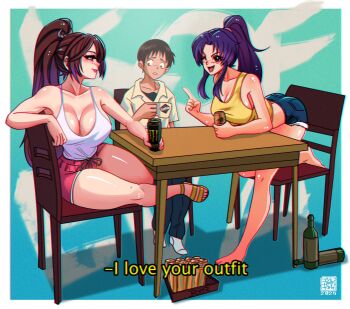 1boy 2024 2girls age_difference alcohol alternate_costume artist_logo artist_name barefoot beer beer_can blue_background blue_pants blush body_blush bottle breasts brown_eyes brown_hair can chair cleavage coffee_mug collarbone collared_shirt crossover cup cutoffs denim denim_shorts dimples_of_venus drawstring dress_shirt drink_can drunk energy_drink english_text eyebrows eyelashes fatal_fury feet from_side frown full_body gradient_background hair_tie hanging_breasts highres holding holding_can holding_cup ikari_shinji indoors jeans_shorts katsuragi_misato large_breasts leaning_forward logo long_hair looking_at_another looking_at_breasts looking_to_the_side matching_hair/eyes monster_energy mug multiple_girls neon_genesis_evangelion on_chair one_eye_closed open_mouth pajamas pants parted_bangs peterete ponytail profile purple_eyes purple_hair red_shorts sandals shiny_skin shiranui_mai shirt shirt_tucked_in short_hair short_shorts short_sleeves shorts sideboob sidelocks simple_background sitting sleeveless sleeveless_shirt smile snk socks spaghetti_strap sportswear straight-on street_fighter street_fighter_6 table tank_top tareme text_background the_king_of_fighters thick_thighs thighs toes trait_connection very_long_hair watermark white_shirt white_socks white_tank_top wine_bottle yellow_sandals yellow_tank_top