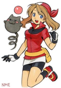 1girl bandana bike_shorts bike_shorts_under_skirt black_shorts black_socks blue_eyes blush blush_stickers breasts brown_hair clenched_hand commentary_request eyelashes full_body gen_3_pokemon gloves may_(pokemon) medium_hair nintendo nostrils numae_kaeru open_mouth pokemon pokemon_(creature) pokemon_rse red_bandana red_shirt red_shoes shirt shoes shorts simple_background skirt smile socks spoink teeth upper_teeth_only white_background white_skirt
