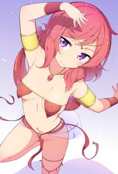 1girl absurdres arm_up armlet blush breast_curtains breasts circlet closed_mouth commentary commission covered_erect_nipples dancer dancing from_above gradient_background groin harem_outfit highres jewelry looking_at_viewer love_live! love_live!_school_idol_project navel necklace nishikino_maki pelvic_curtain pixiv_commission purple_background purple_eyes red_hair revealing_clothes see-through_clothes see-through_skirt skirt small_breasts solo stomach thighlet thighs twin-7646