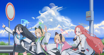 4girls :d absurdres animal_ear_headphones animal_ears aqua_halo aris_(blue_archive) arm_up black_hair black_hairband black_jacket black_shorts black_skirt black_tail blonde_hair blue_archive blue_eyes blue_jacket blue_sky blush bow braid buttons cat_ear_headphones cat_ears cat_tail chinese_commentary closed_mouth cloud cloudy_sky collared_shirt commentary_request cumulonimbus_cloud double-parted_bangs dsfr fake_animal_ears fake_tail floating_neckwear forehead game_development_department_(blue_archive) green_bow green_eyes green_halo green_jacket hair_between_eyes hair_bow hairband halo handheld_game_console headphones highres hood hood_down hooded_jacket horizon jacket kei_(robot)_(blue_archive) lightning_bolt_symbol long_bangs long_hair long_hair_between_eyes long_sleeves looking_ahead looking_back low-tied_sidelocks midori_(blue_archive) momoi_(blue_archive) moon multicolored_jacket multiple_girls multiple_hair_bows object_in_pocket one_side_up open_clothes open_jacket open_mouth outdoors outstretched_arm outstretched_arms parted_lips pink_eyes pink_halo pink_jacket pleated_skirt pocket pointing power_symbol puffy_long_sleeves puffy_sleeves railing rectangular_halo red_bow school_uniform shirt short_hair shorts siblings sidelocks single_braid sisters skirt sky smile spread_arms spread_fingers suspenders tail tail_bow tail_ornament twins two-sided_fabric two-sided_jacket unbuttoned untucked_shirt very_long_hair white_bow white_jacket white_shirt wide_sleeves yellow_halo yuzu_(blue_archive)