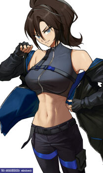1girl abs bare_shoulders belt black_belt black_gloves black_jacket blue_eyes breasts brown_eyes brown_hair clothes_pull commentary commission commissioner_name covered_collarbone cowboy_shot cropped_shirt english_commentary fingerless_gloves gloves gradient_eyes grey_pants grey_shirt hair_between_eyes highres jacket jacket_pull large_breasts looking_at_viewer madoro_q medium_hair midriff multicolored_eyes navel nose original pants parted_lips ponytail shirt sidelocks simple_background skeb_commission smile solo toned toned_female twitter_username white_background zipper zipper_pull_tab