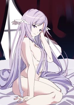 1girl bed_sheet breasts collarbone commentary convenient_censoring curtains hair_between_eyes hair_censor hair_ornament hair_over_breasts hands_in_own_hair highres kochi_(wwwkyck) long_hair looking_at_viewer navel nude purple_eyes purple_hair quinella sitting smile solo sword_art_online sword_art_online:_alicization very_long_hair wariza