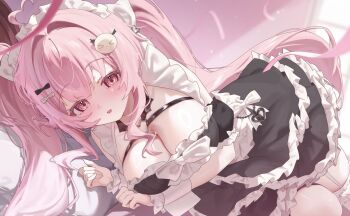 apron artist_request black_bow black_dress bow breasts cleavage close-up commentary_request dress frilled_dress frills hair_bow hair_intakes highres indie_virtual_youtuber large_breasts long_hair lying maid_apron maid_headdress on_bed on_side open_mouth pink_hair sleeveless sleeveless_dress soppo_muku two_side_up virtual_youtuber white_bow
