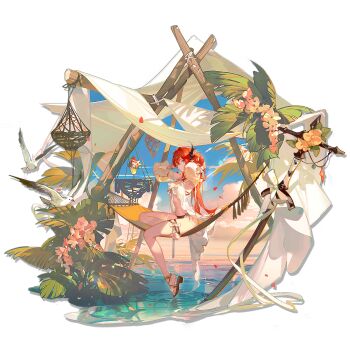 1girl arknights ask_(askzy) bikini bird breasts cherry demon_horns flower food fruit highres horn_ornament horns huge_weapon ice_cream long_hair long_sleeves navel ocean official_alternate_costume official_art purple_eyes red_hair reflection reflective_liquid sandals solo surtr_(arknights) surtr_(colorful_wonderland)_(arknights) swimsuit sword thigh_strap weapon