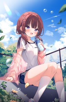 1girl ana_(rznuscrf) black_shorts blue_eyes blue_sky blush bottle breasts brown_hair bubble fence flower hair_ornament hairclip holding holding_bottle jacket leaf legs long_hair looking_at_viewer open_clothes open_jacket open_mouth original outdoors pink_jacket see-through_clothes see-through_jacket shirt short_sleeves shorts sitting sky smile solo sweat sweatdrop thighs twintails water_bottle white_shirt