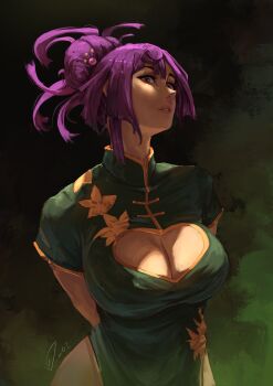 1girl absurdres arms_behind_back breasts china_dress chinese_clothes cleavage cleavage_cutout clothing_cutout commentary dress english_commentary green_dress hair_bun highres jigokuraku large_breasts mandarin_collar parted_lips pelvic_curtain print_dress purple_eyes purple_hair side_slit signature simple_background solo vedart2 yuzuriha_(jigokuraku)