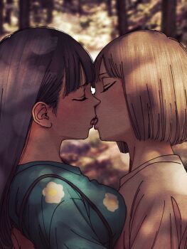 2girls aqua_kimono aria_(vampeerz) bob_cut brown_hair brown_kimono closed_eyes couple cropped dappled_sunlight day duplicate floral_print floral_print_kimono french_kiss from_side higashiyama_shou ichika_(vampeerz) japanese_clothes kimono kiss long_hair multiple_girls open_mouth outdoors print_kimono profile purple_hair short_hair standing sunlight tongue vampeerz yuri